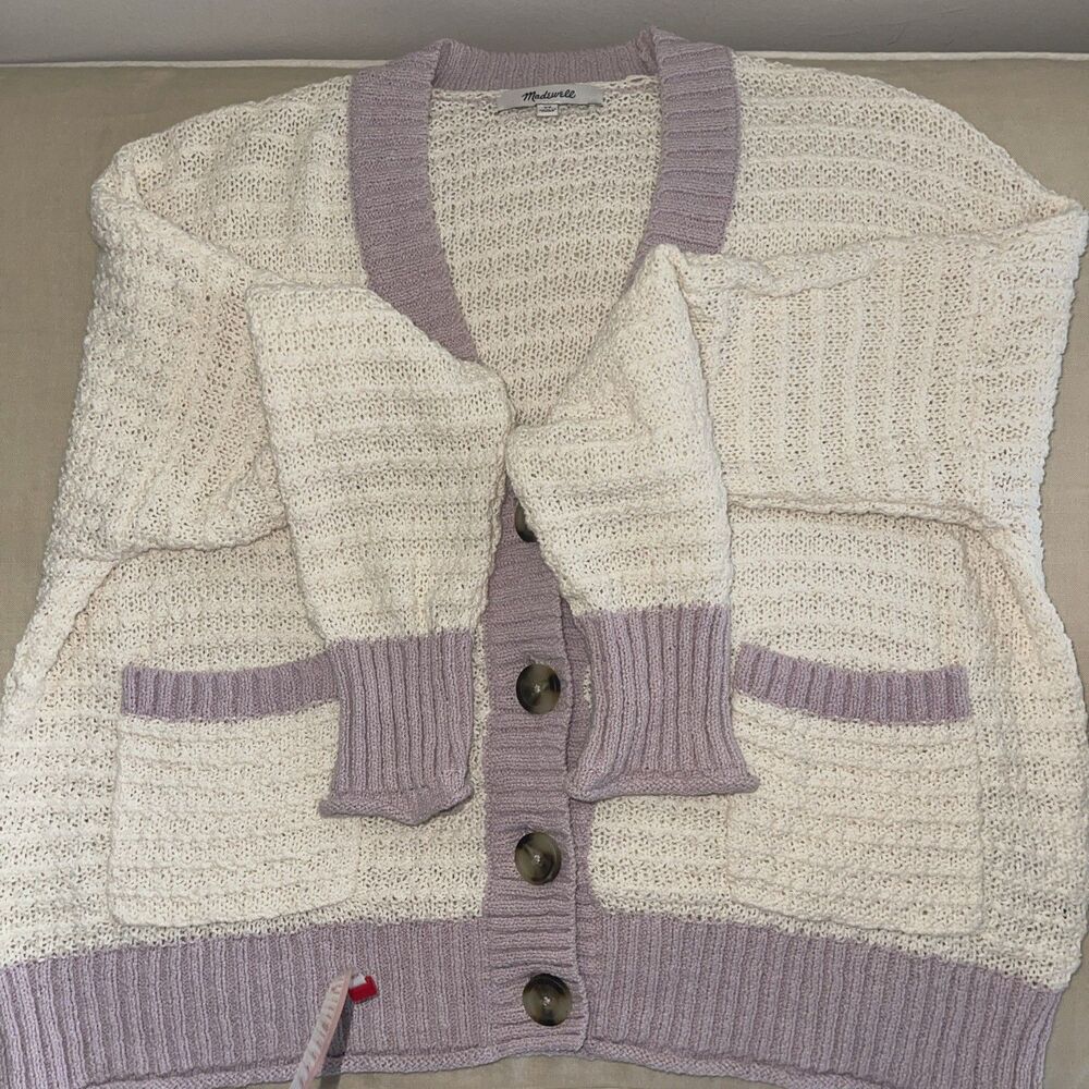 Madewell Oversized Crop  Cardigan Sweater  XS Cream Pale Lilac - Picture 8 of 9